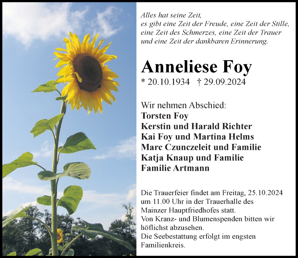  Traueranzeige für Anneliese Foy vom 12.10.2024 aus Allgemeine Zeitung Mainz