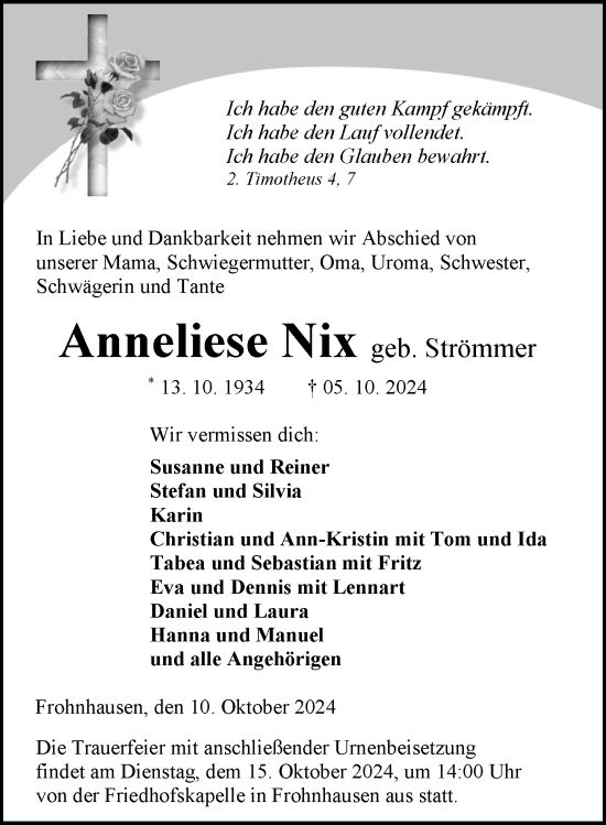 Traueranzeige von Anneliese Nix von Dill Block