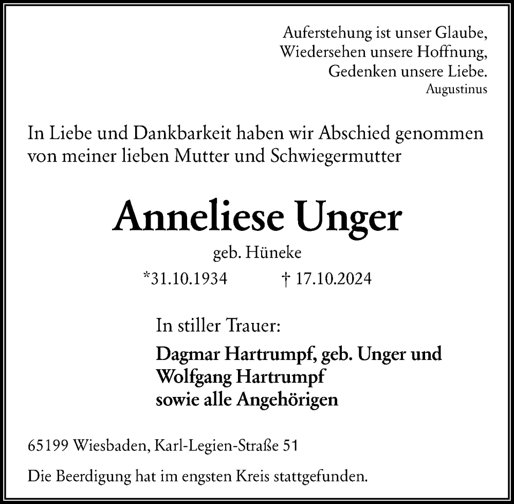  Traueranzeige für Anneliese Unger vom 26.10.2024 aus Wiesbadener Kurier