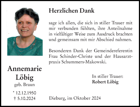 Traueranzeige von Annemarie Löbig von Dieburger Anzeiger/Groß-Zimmerner Lokal-Anzeiger
