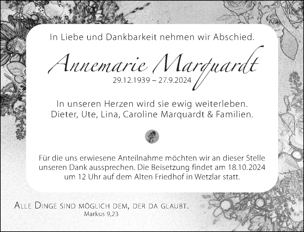  Traueranzeige für Annemarie Marquardt vom 12.10.2024 aus Wetzlarer Neue Zeitung