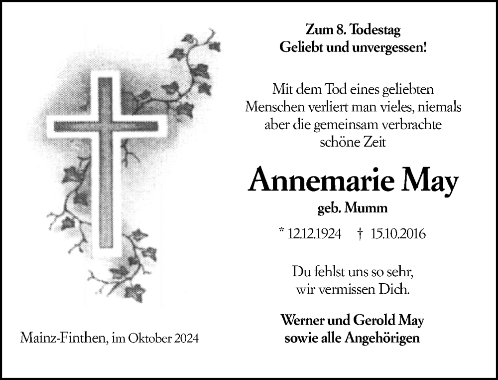  Traueranzeige für Annemarie May vom 19.10.2024 aus Allgemeine Zeitung Mainz