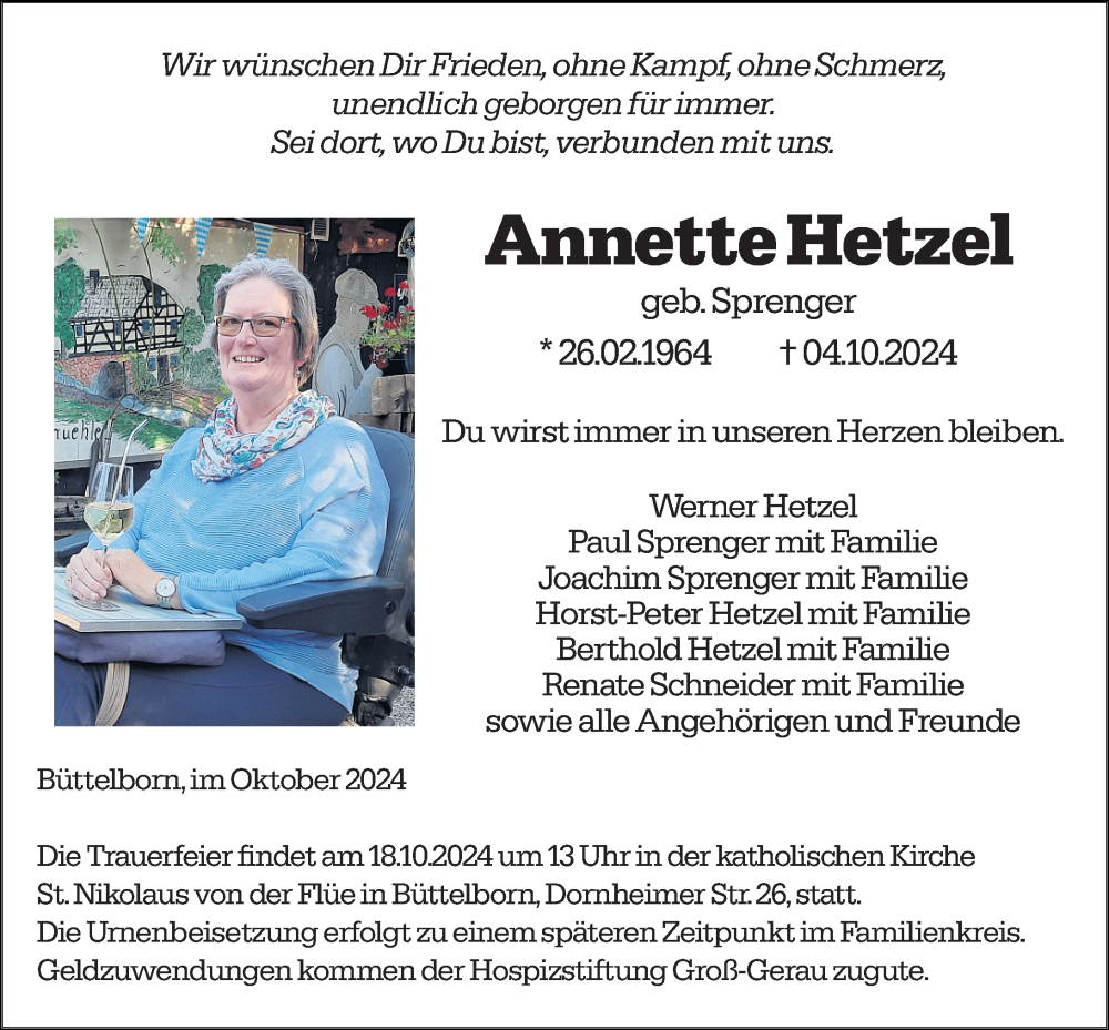  Traueranzeige für Annette Hetzel vom 12.10.2024 aus Groß-Gerauer Echo
