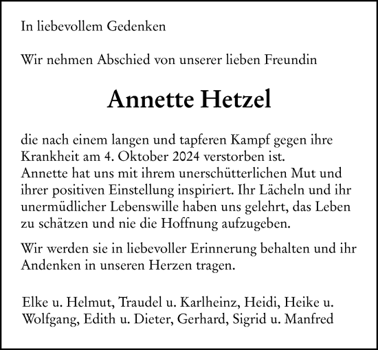 Traueranzeige von Annette Hetzel von Groß-Gerauer Echo