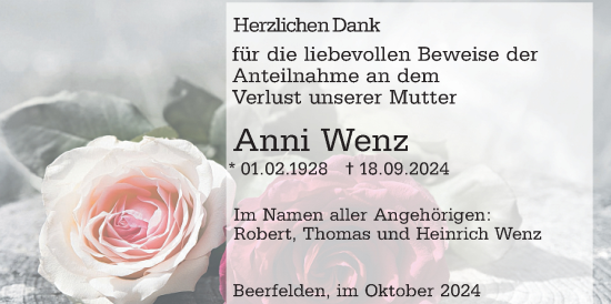 Traueranzeige von Anni Wenz von Odenwälder Echo