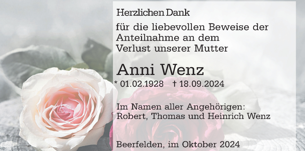  Traueranzeige für Anni Wenz vom 05.10.2024 aus Odenwälder Echo