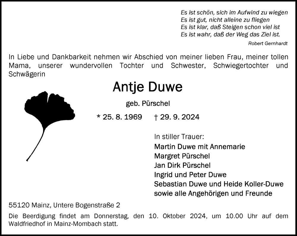  Traueranzeige für Antje Duwe vom 05.10.2024 aus Allgemeine Zeitung Mainz