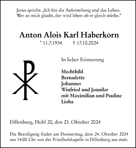 Traueranzeige von Anton Alois Karl Haberkorn von Dill Block