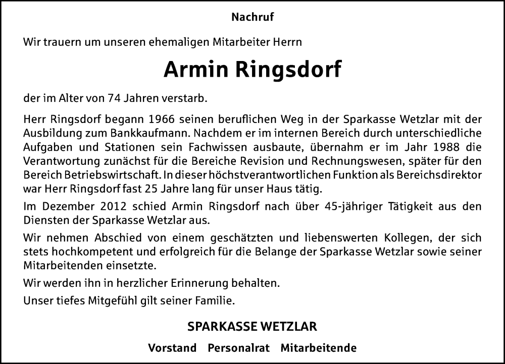  Traueranzeige für Armin Ringsdorf vom 11.10.2024 aus Wetzlarer Neue Zeitung