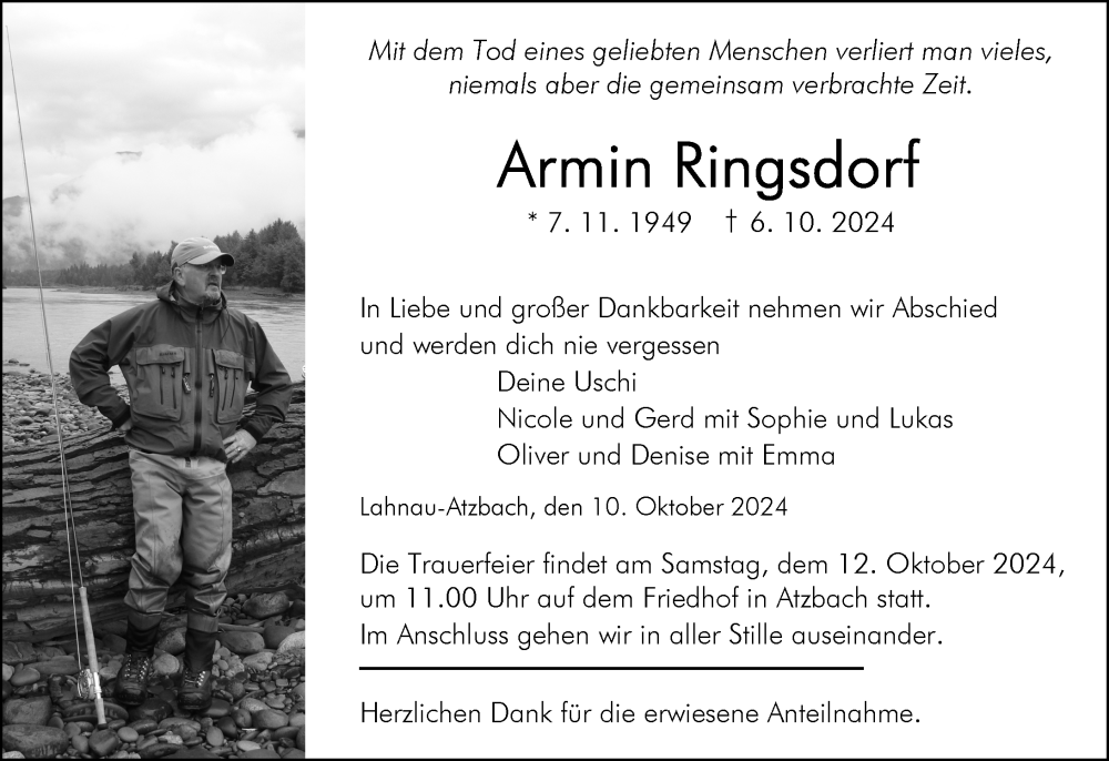  Traueranzeige für Armin Ringsdorf vom 10.10.2024 aus Wetzlarer Neue Zeitung