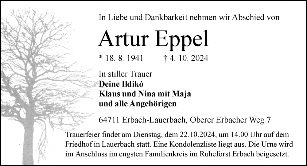  Traueranzeige für Artur Eppel vom 12.10.2024 aus Odenwälder Echo