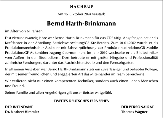 Traueranzeige von Bernd Harth-Brinkmann von Allgemeine Zeitung Mainz