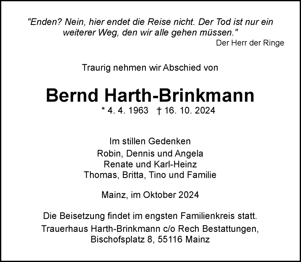  Traueranzeige für Bernd Harth-Brinkmann vom 26.10.2024 aus Allgemeine Zeitung Mainz