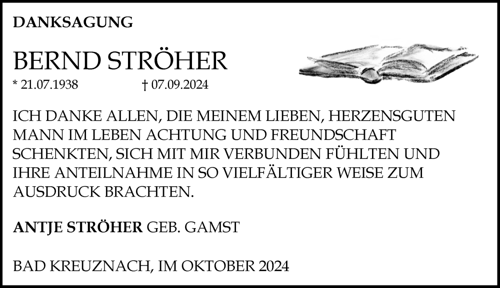  Traueranzeige für Bernd Ströher vom 19.10.2024 aus Allgemeine Zeitung Rheinhessen-Nahe