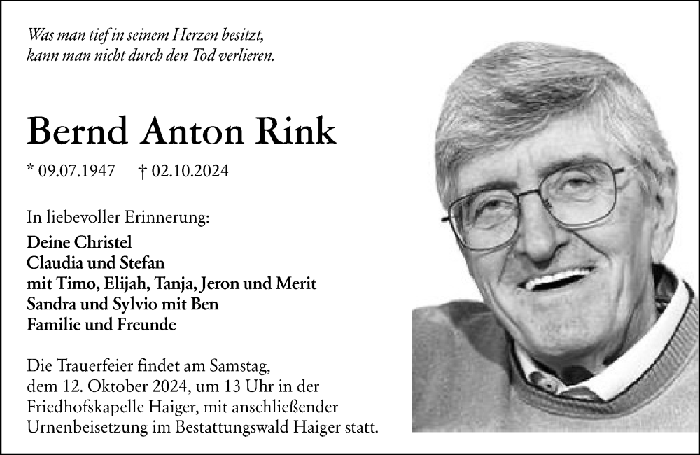  Traueranzeige für Bernd Anton Rink vom 09.10.2024 aus Dill Block