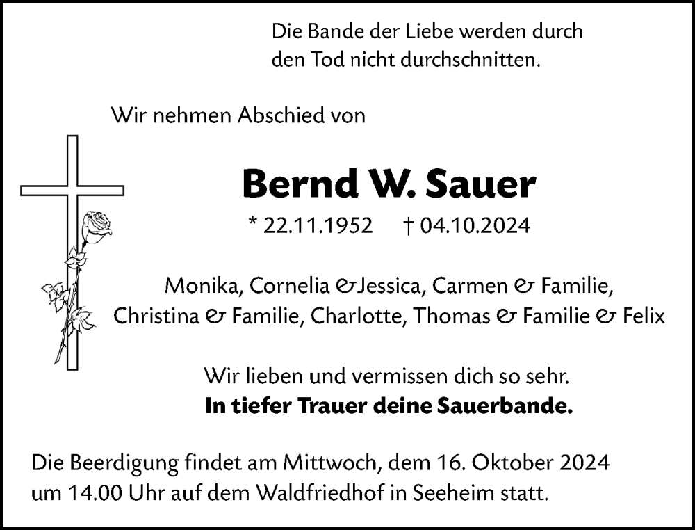  Traueranzeige für Bernd W. Sauer vom 12.10.2024 aus Darmstädter Echo