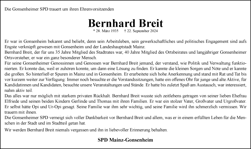  Traueranzeige für Bernhard Breit vom 05.10.2024 aus Allgemeine Zeitung Mainz