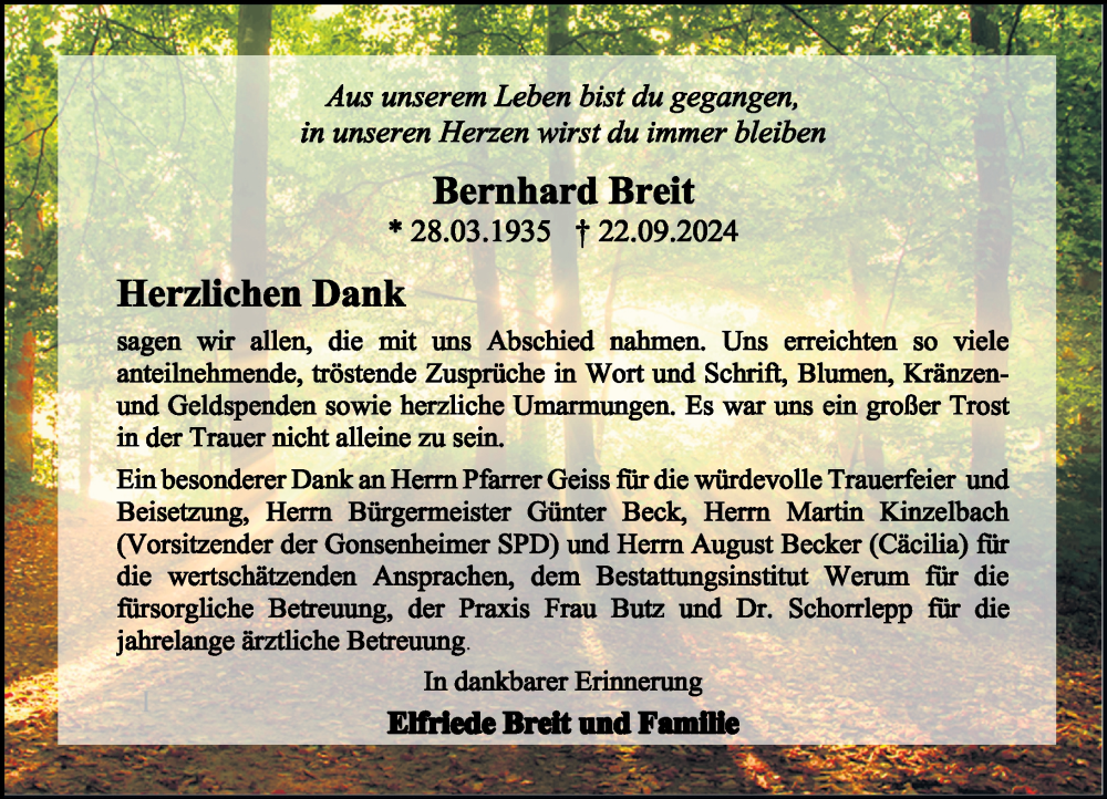  Traueranzeige für Bernhard Breit vom 19.10.2024 aus Allgemeine Zeitung Mainz