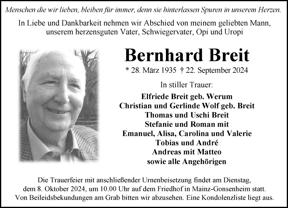  Traueranzeige für Bernhard Breit vom 05.10.2024 aus Allgemeine Zeitung Mainz