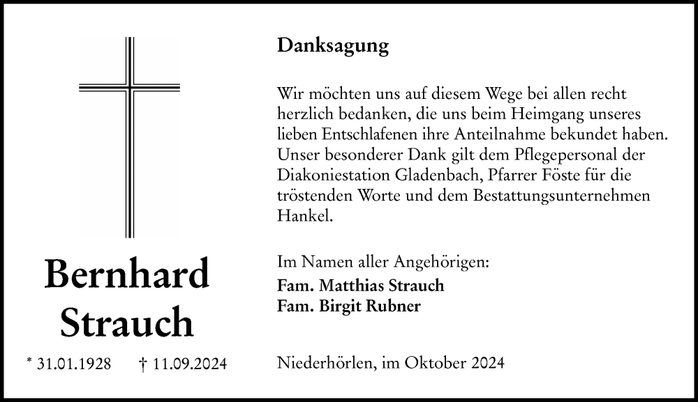  Traueranzeige für Bernhard Strauch vom 19.10.2024 aus Hinterländer Anzeiger