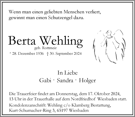 Traueranzeige von Berta Wehling von Wiesbadener Kurier