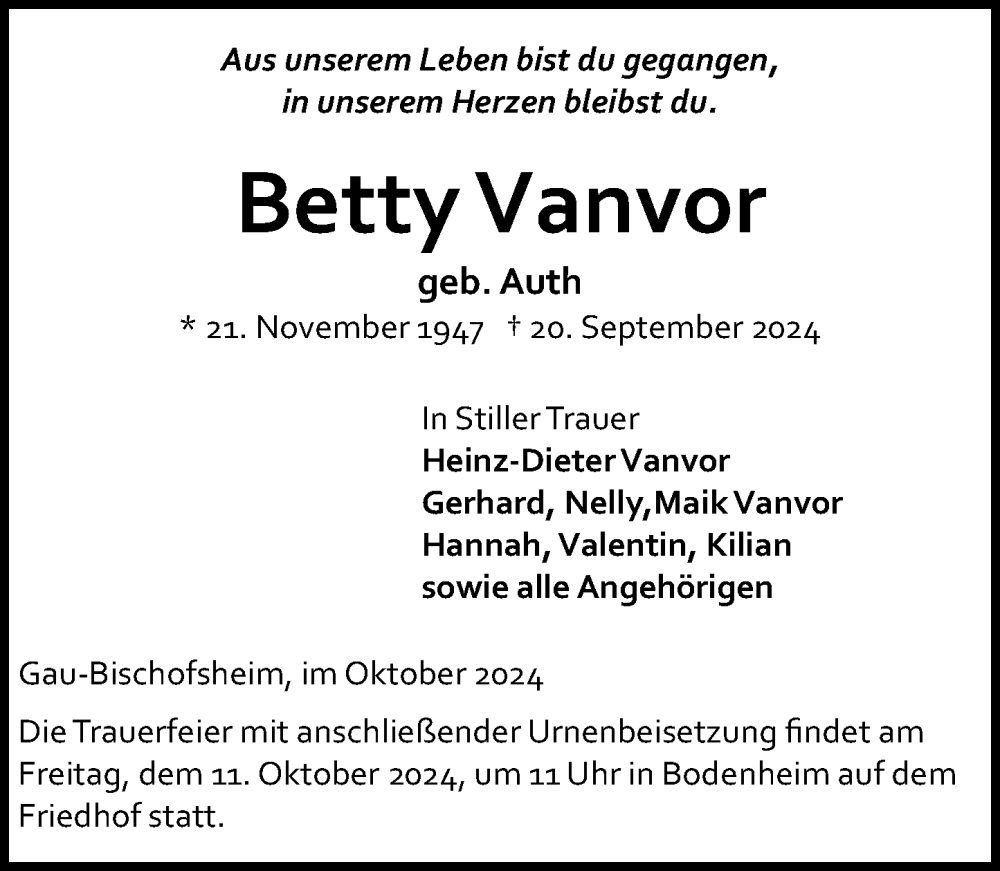 Traueranzeige für Betty Vanvor vom 05.10.2024 aus Allgemeine Zeitung Mainz