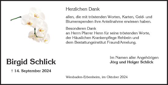Traueranzeige von Birgid Schlick von Wiesbadener Kurier