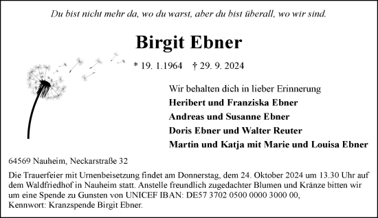 Traueranzeige von Birgit Ebner von Rüsselsheimer Echo