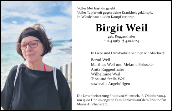 Traueranzeige von Birgit Weil von Allgemeine Zeitung Mainz