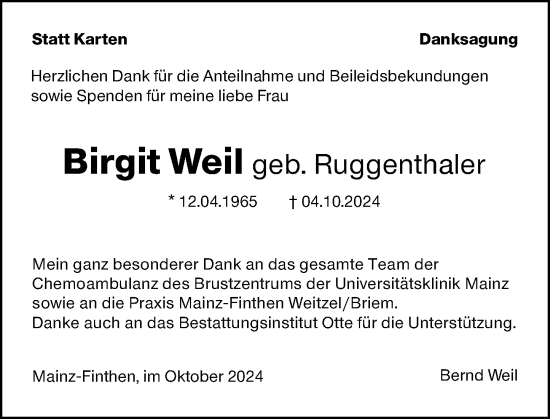 Traueranzeige von Birgit Weil von Allgemeine Zeitung Mainz