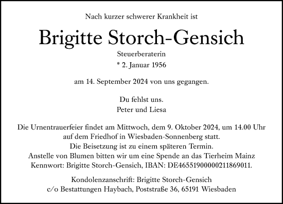 Traueranzeige von Brigitte Storch-Gensich von Wiesbadener Kurier