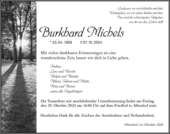 Traueranzeige von Burkhard Michels von Weilburger Tageblatt