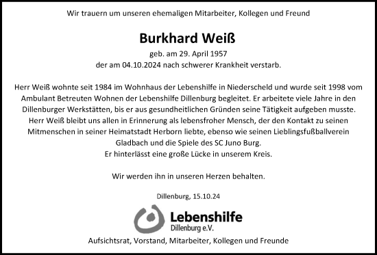 Traueranzeige von Burkhard Weiß von Dill Block