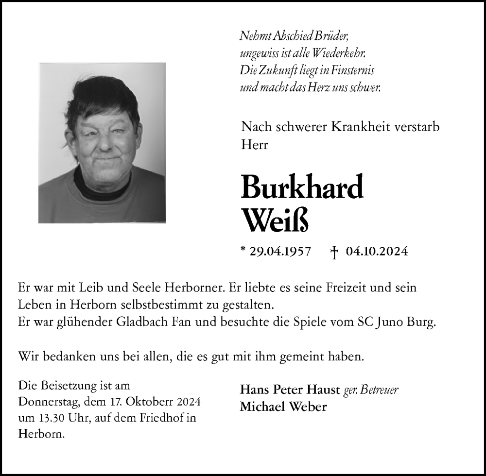  Traueranzeige für Burkhard Weiß vom 16.10.2024 aus Dill Block