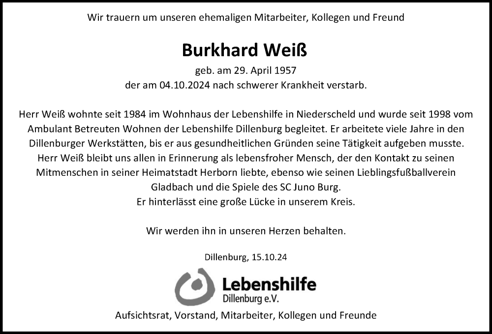  Traueranzeige für Burkhard Weiß vom 18.10.2024 aus Dill Block