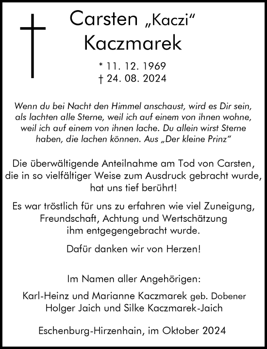 Traueranzeige von Carsten Kaczmarek von Dill Block