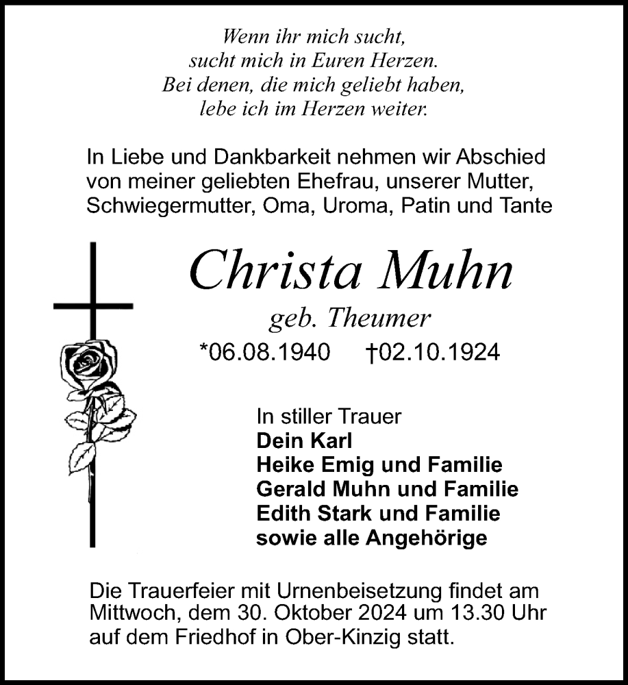  Traueranzeige für Christa Muhn vom 26.10.2024 aus Odenwälder Echo