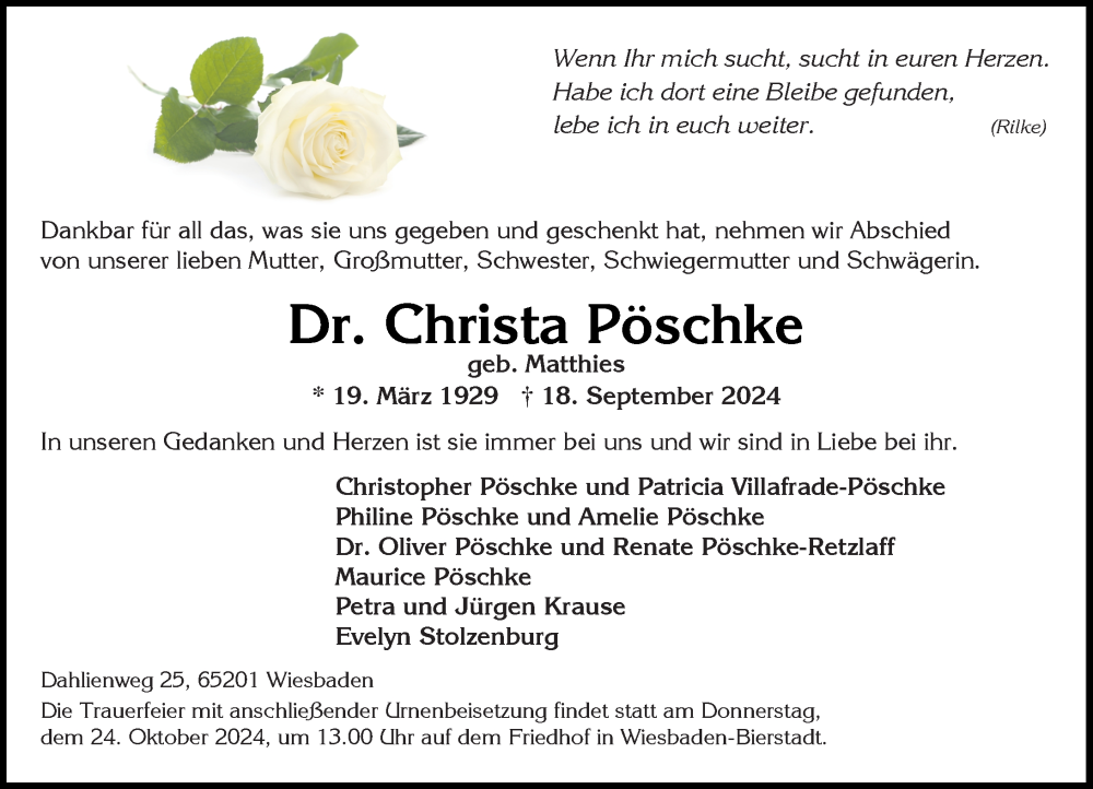 Traueranzeige für Christa Pöschke vom 12.10.2024 aus Wiesbadener Kurier