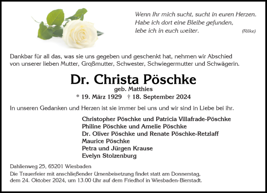 Traueranzeige von Christa Pöschke von Wiesbadener Kurier