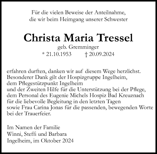 Traueranzeige von Christa Maria Tressel von Allgemeine Zeitung Mainz