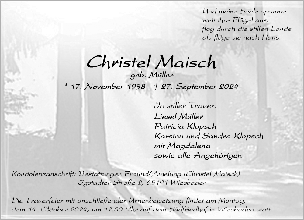  Traueranzeige für Christel Maisch vom 05.10.2024 aus Wiesbadener Kurier