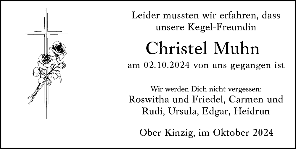  Traueranzeige für Christel Muhn vom 12.10.2024 aus Odenwälder Echo