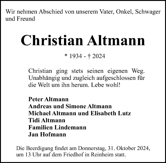 Traueranzeige von Christian Altmann von Darmstädter Echo
