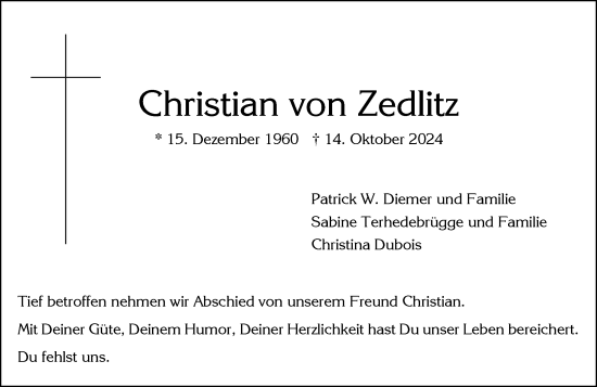 Traueranzeige von Christian von Zedlitz von Wiesbadener Kurier