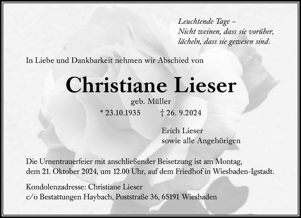  Traueranzeige für Christiane Lieser vom 12.10.2024 aus Wiesbadener Kurier