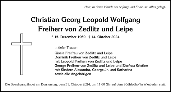 Traueranzeige von Christian Georg Leopold Wolfgang Freiherr von Zedlitz und Leipe von Wiesbadener Kurier