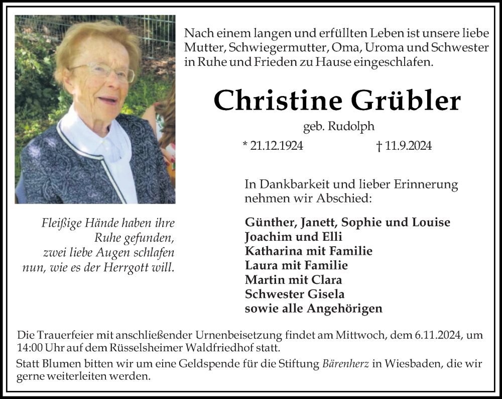  Traueranzeige für Christine Grübler vom 26.10.2024 aus Rüsselsheimer Echo