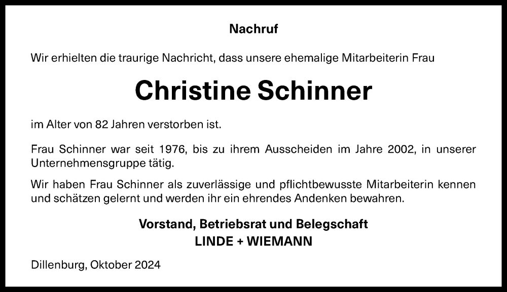  Traueranzeige für Christine Schinner vom 02.10.2024 aus Dill Block