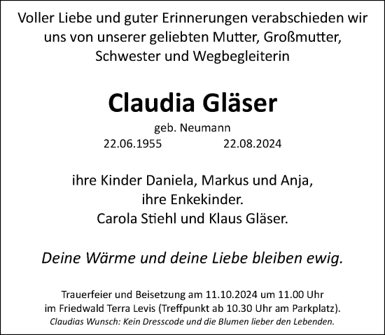 Traueranzeige von Claudia Gläser von Wiesbadener Kurier
