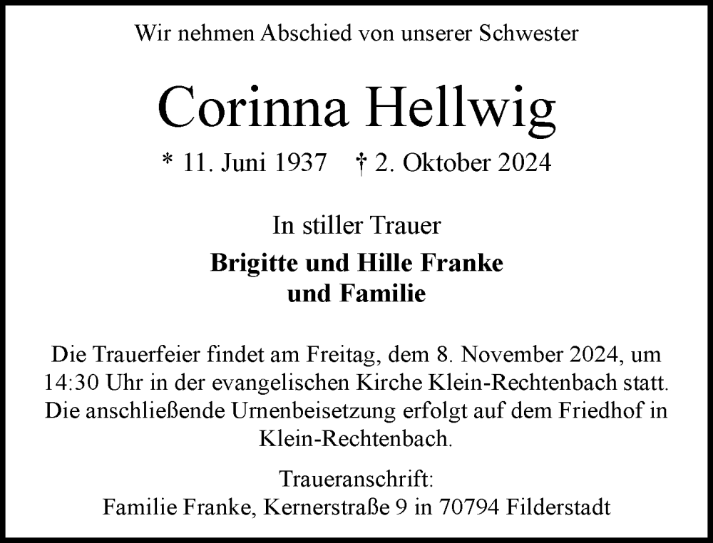  Traueranzeige für Corinna Hellwig vom 12.10.2024 aus Wetzlarer Neue Zeitung